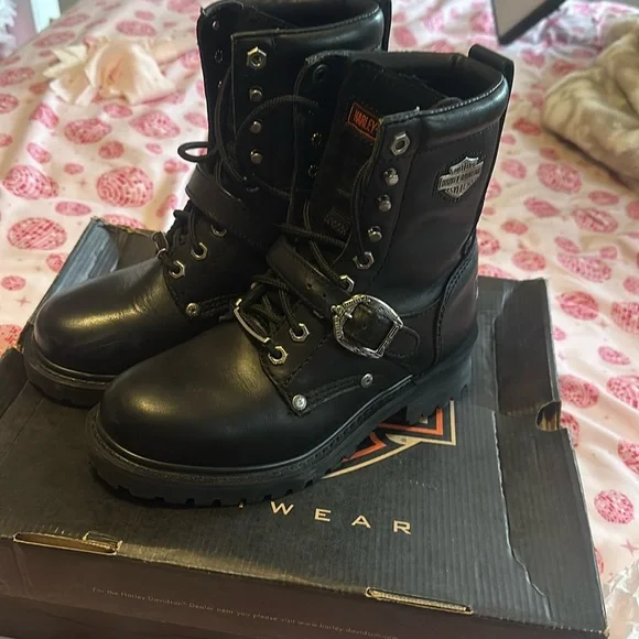 Harley Davison, black leather tie boots - Picture 1 of 10